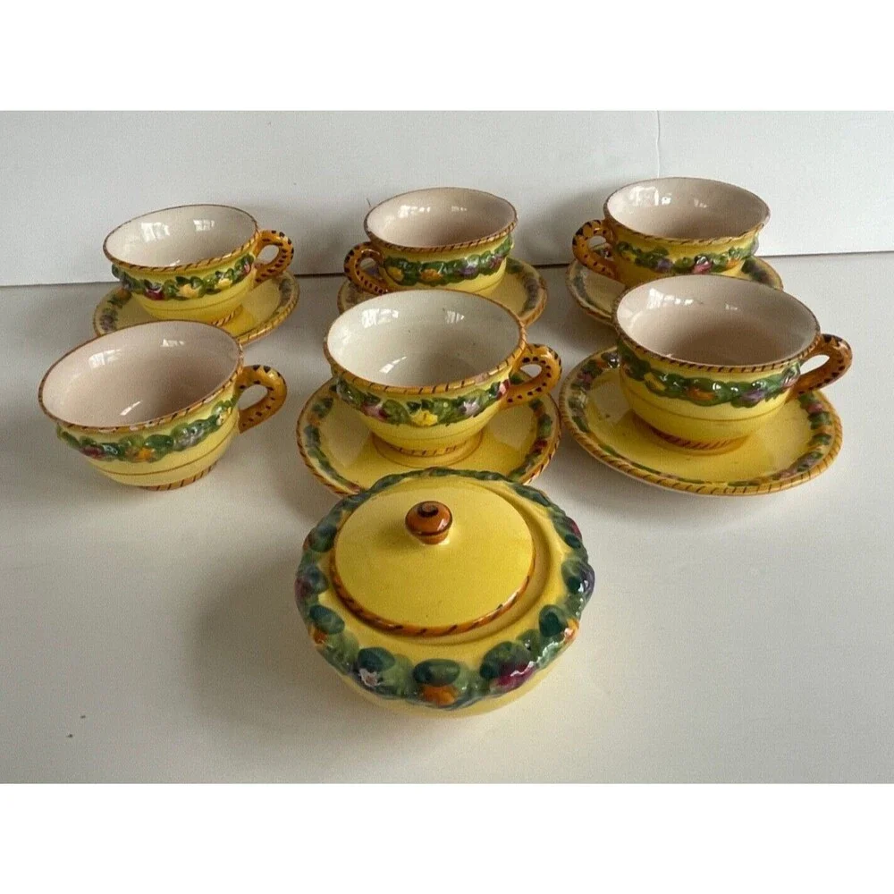Vtg BITOSSI Italy Della Robbia Coffee Set Cups Saucers Sugar Hand Painted Yellow